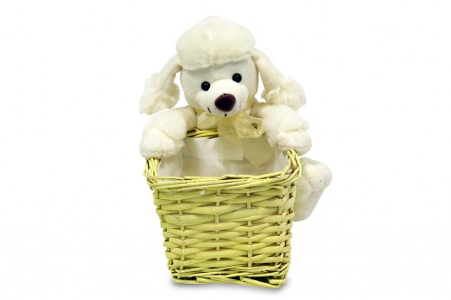 Yellow wicker tray with cuddly puppy