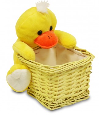 Yellow wicker tray with stuffed duck
