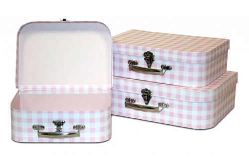 Pink hard cardboard checkered suitcases set of 3