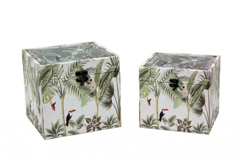 Green floral box w/glass lid s/2