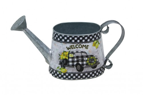 Black and white square welcome watering can pot