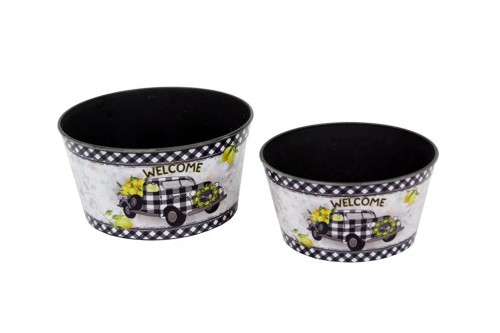 Round flowerpot welcome quadrille black and white s/2