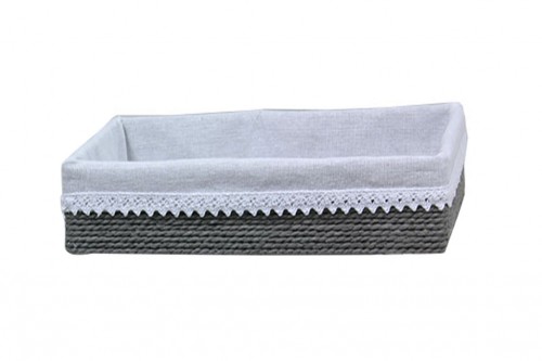 Tray with gray paper strips w/ white cloth