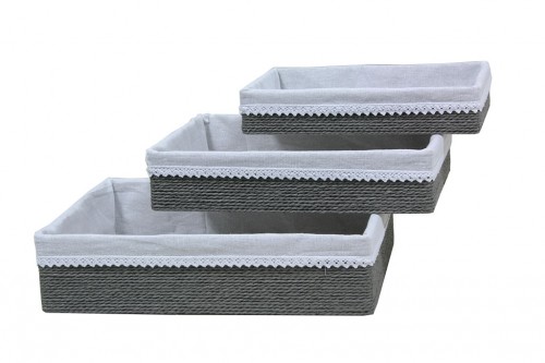 Trays with strips of gray paper w/ white cloth s/3