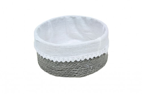 Basket of gray paper strips w/ white cloth