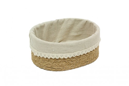 Oval basket beige paper strips w/ beige fabric