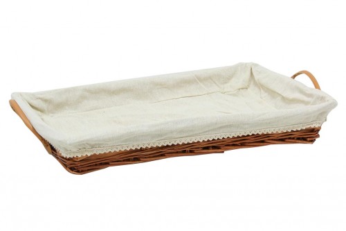 Light brown wicker tray w/ white cloth