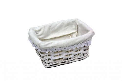 Rectangular white wicker basket w/ white fabric