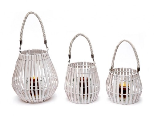 (31013bls) white lantern with candle holder and rope s/3