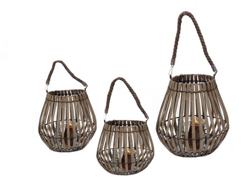 Brown lantern candle holder with rope s/3
