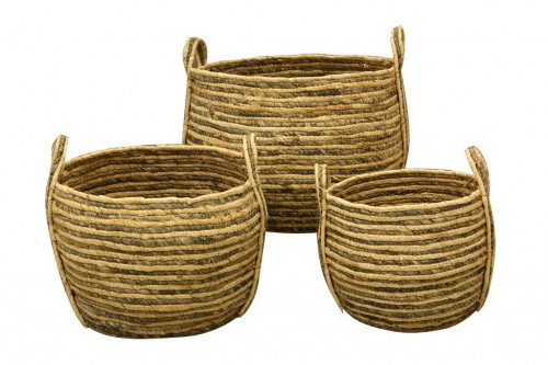 Gray and white seagrass basket with handles s/3