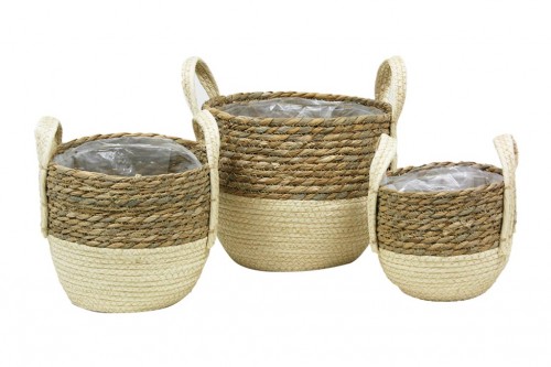 Beige and natural seagrass basket with handles s/3