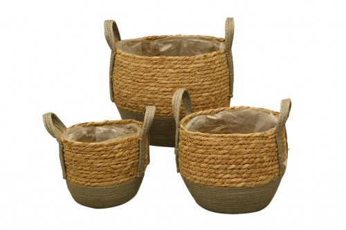 Gray and natural seagrass basket with handles s/3