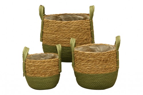 Basket with green and natural seagrass handles s/3