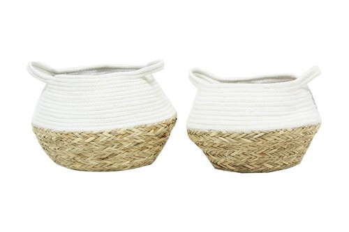 Folding basket with white fabric s/2
