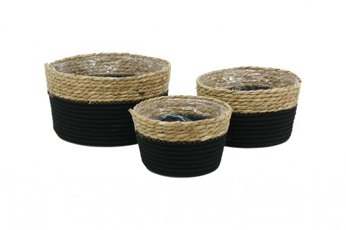 Black fabric basket w/ seagrass and plastic inside s/3