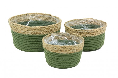 Green fabric basket w/ seagrass and plastic inside s/3
