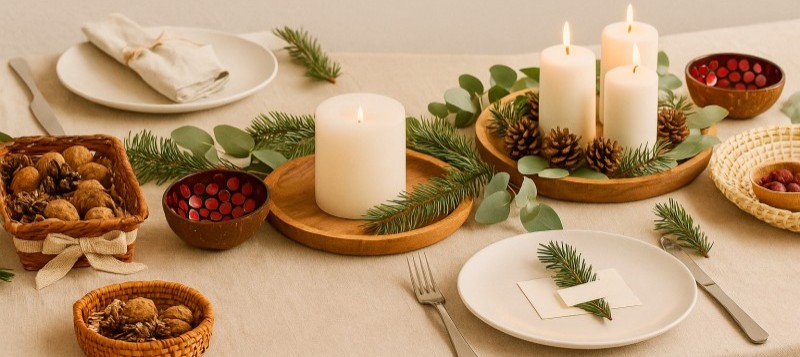 Cómo montar una mesa de Navidad elegante con bandejas y centros naturales
