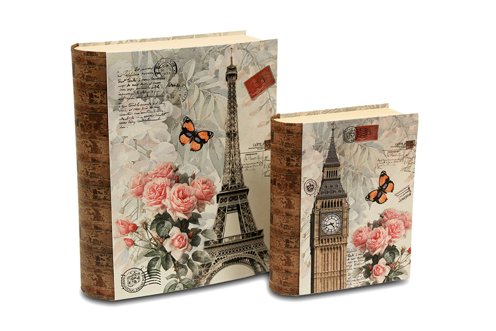 Caja libro de cartón duro con estampado de Big Ben de Londres con rosa