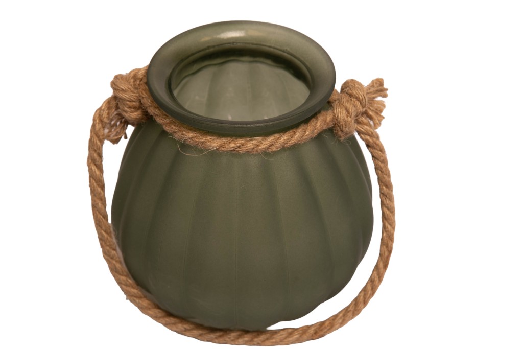 Jarrón verde con asa cuerda