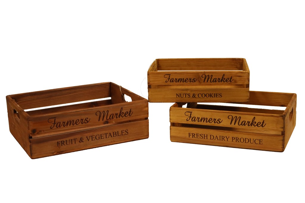 Cajas de madera con asa farmers market s/3