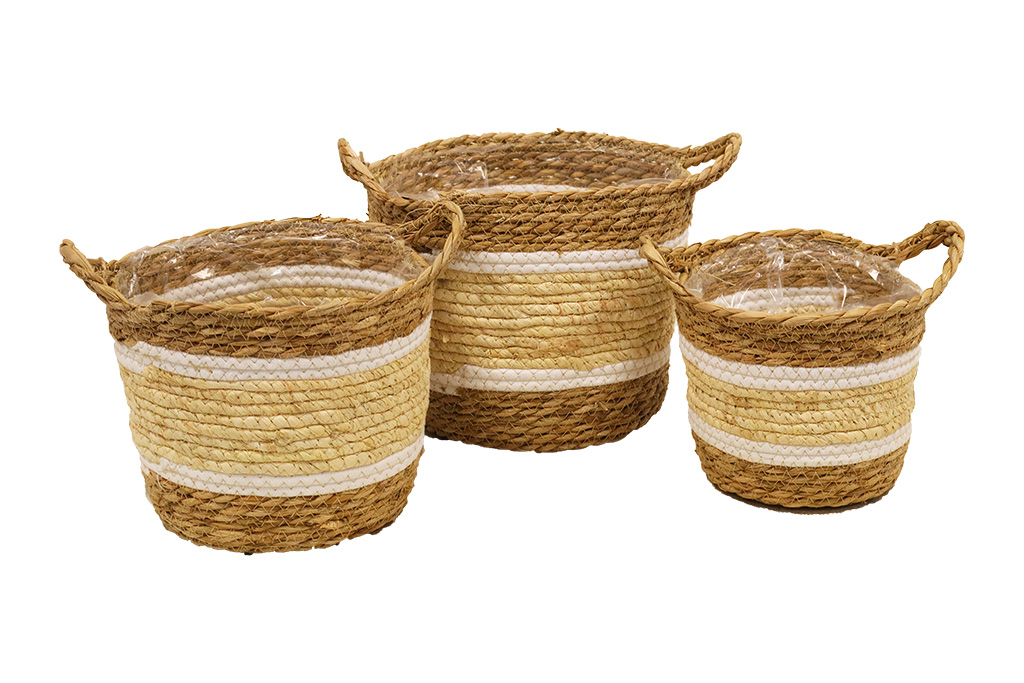 Set de 3 pots en Seagrass avec poignées et accents beiges.