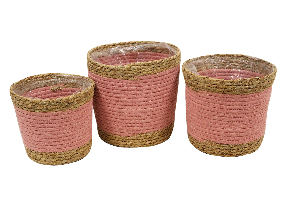 Set of 3 Seagrass pink planters, ideal for decoration