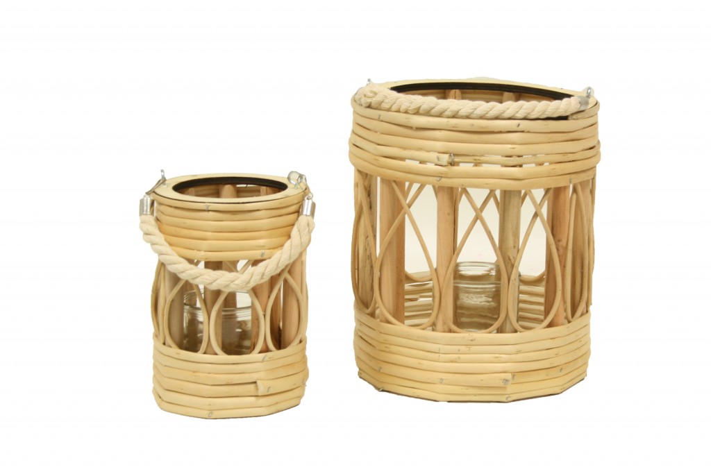 Set of 2 Wicker Lanterns with Glass Holder and Rope Handle