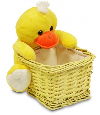 Yellow wicker tray with stuffed duck