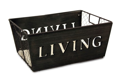 Bandeja madera oscura y rejilla de metal living