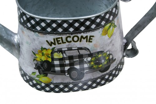 Black and white square welcome watering can pot