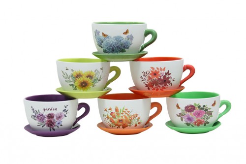 Macetero tazas flores de colores s/6