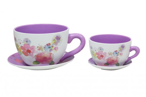 Cache-pot tasses fleurs illustration s/2