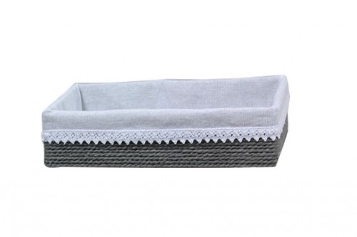 Tray with gray paper strips w/ white cloth