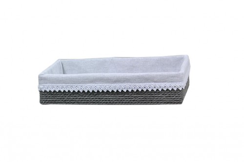 Tray with gray paper strips w/ white cloth