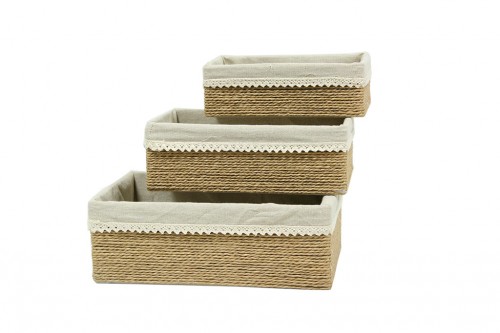 Drawers of beige paper strips w/beige fabric s/3