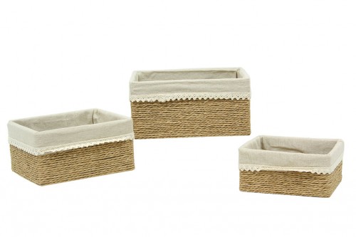 Drawers of beige paper strips w/ beige fabric s/3