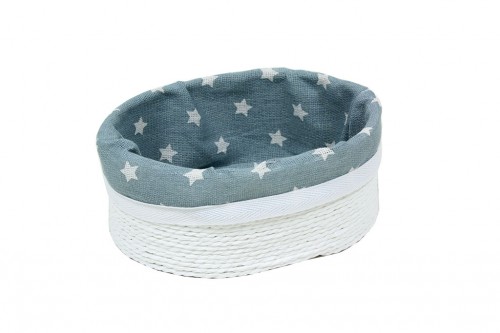 Oval basket with strips of white paper w/ fancy fabric