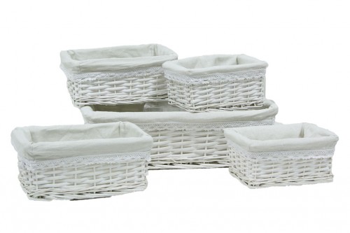 White wicker drawers w/ white fabric s/5