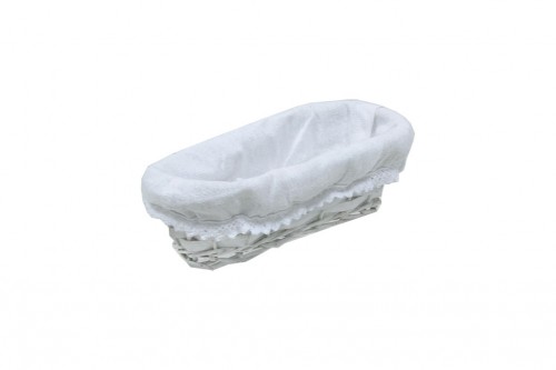 Oval white wicker basket w/ white cloth