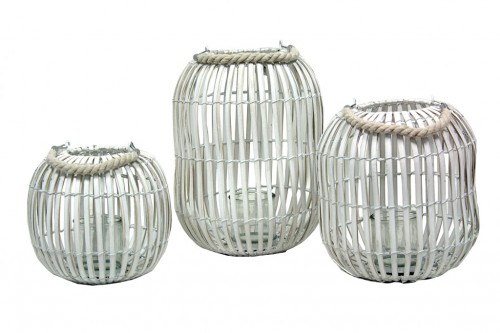 White oval lantern with candle holder and rope s/3