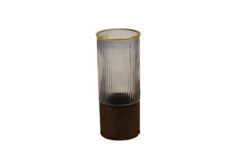 Jarron de cristal gris con base de madera