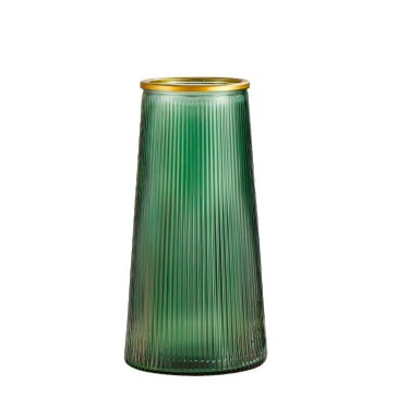 Jarron de cristal verde rayas borde dorado