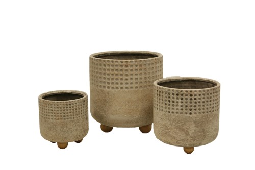 Macetero redondo con patas y relieve