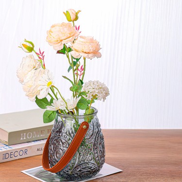 Oval grey glass vase with leather handle