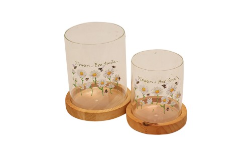 Jarrones de cristal para velas floral con base de madera s/