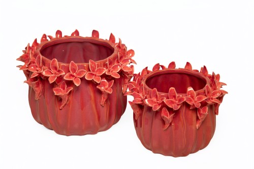 Macetero ceramica relieve floral rojo s/2
