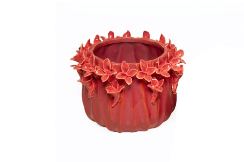 Macetero cerámica relieve floral rojo