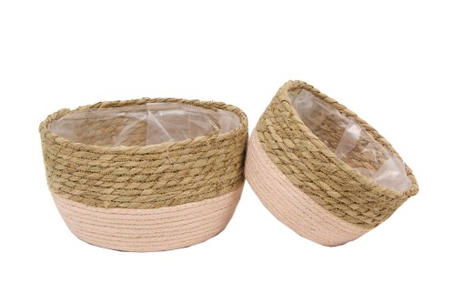 Round Water Hyacinth Basket Pink S/2