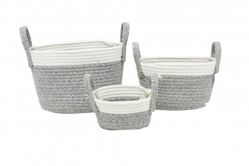 Gray and white fabric basket with handles s/3